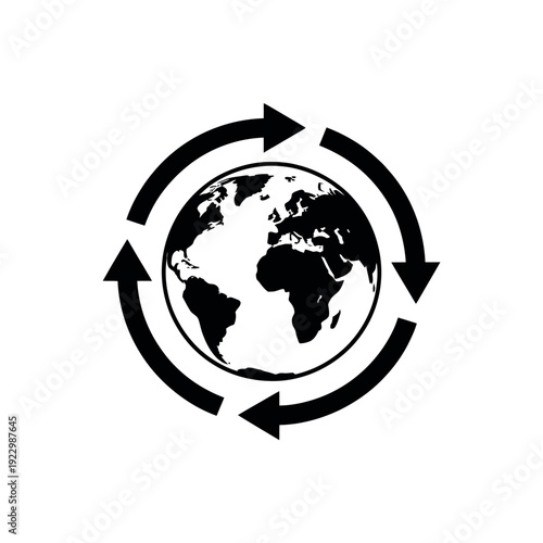 Earth globe encircled by four rotating arrows shows global recycling.