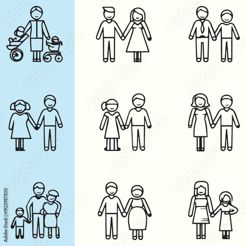 Diverse family structures illustrated in simple line art Vector, illustration