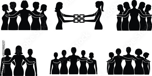 Silhouettes of diverse groups engaging in communal and supportive activities Vector, illustration