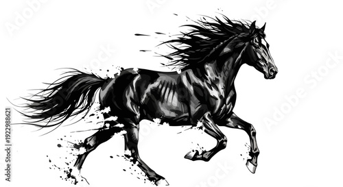 Dynamic black horse illustration with flowing mane and tail, showcasing strength and agility in motion, depicted in a dramatic side view