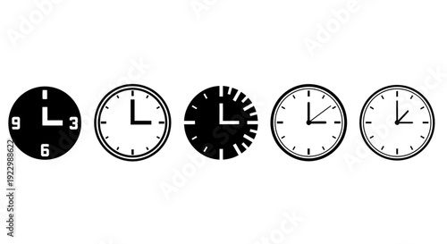 A series of clocks displaying different times and designs, showcasing various styles and monochrome color schemes in a horizontal arrangement.