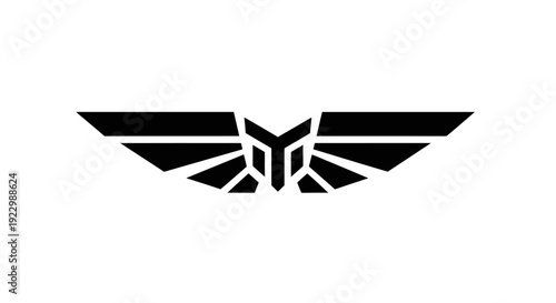 Black winged emblem with geometric design on white background.