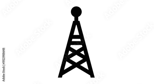 Simple black silhouette of a communication tower with a spherical top.