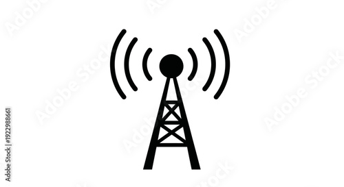Simple black icon of a communication tower emitting signal waves.
