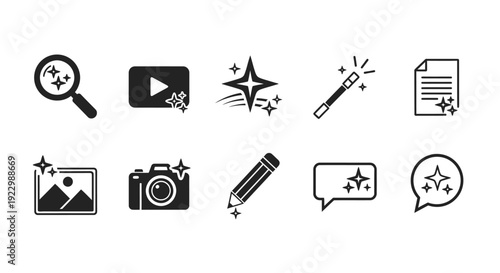 Creative icons for digital media and design tools displayed on a clean interface