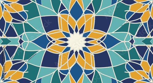 Intricate geometric pattern with floral design in shades of blue and orange.