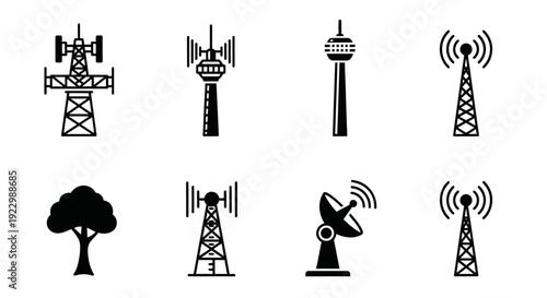Collection of Telecommunication Towers and Antenna Icons.