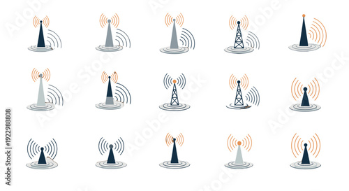 Variety of Mobile Phone Towers and Signal Strength Indicators.
