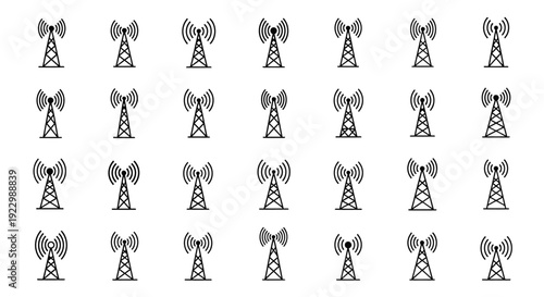 Grid of cell towers with antennas on a white background.