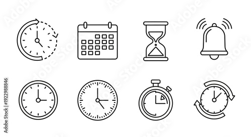 Set of simple line icons representing time and scheduling on a white background viewed from directly above