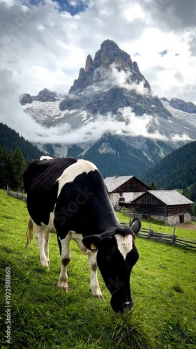 A black and white dairy cow grazing on a lush alpine meadow