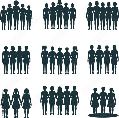 Diverse groups of silhouetted people in various formations and sizes Vector, illustration