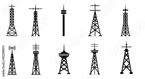 Collection of Telecommunication Towers and Antenna Icons.