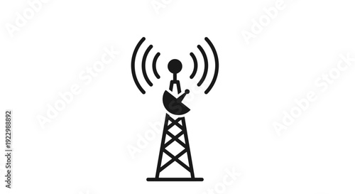 Simple black and white illustration of a telecommunications tower emitting signal waves.