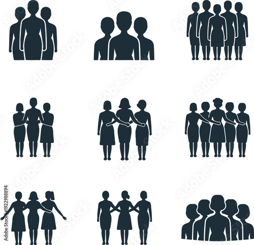 Diverse silhouettes of people in various group formations and interactions Vector, illustration