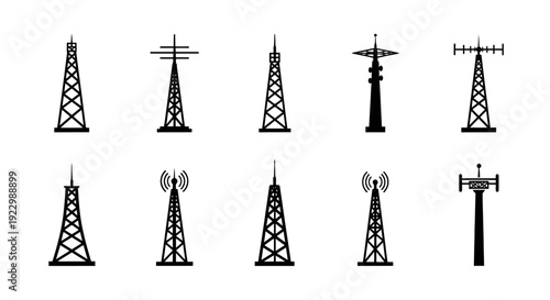 Collection of Telecommunication Towers and Antenna Icons.