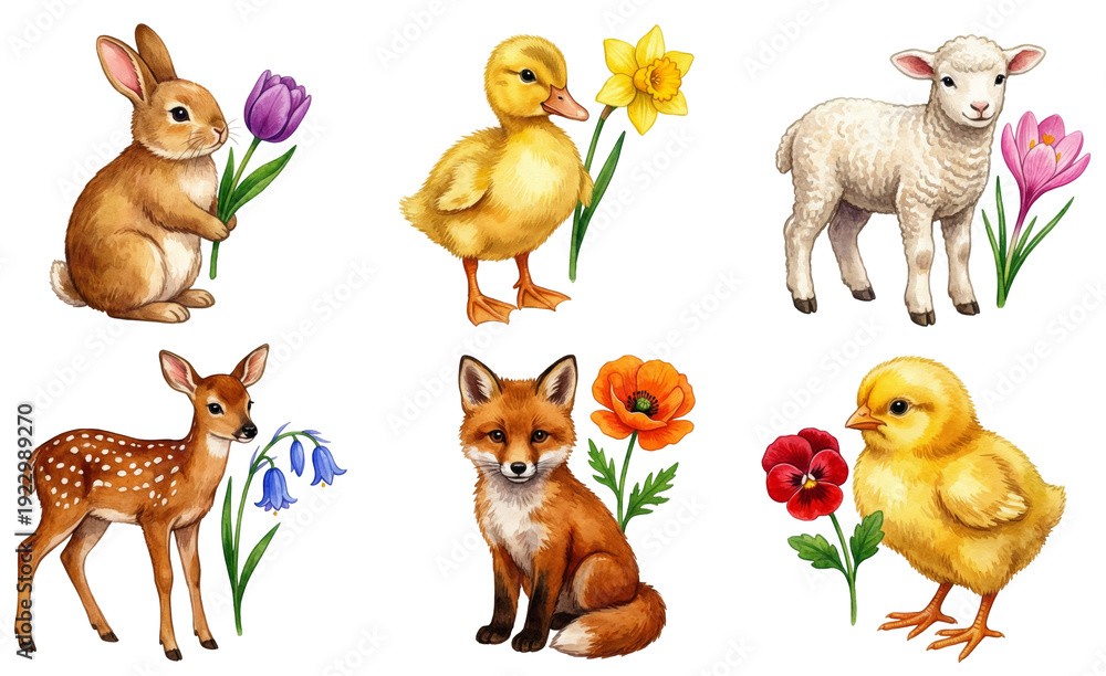 Fototapeta premium watercolor collection of baby animals like fox (vulpes vulpes) and fawn (capreolus capreolus) with spring flowers like tulip (tulipa)