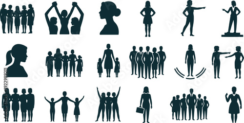 Diverse silhouettes of people in various dynamic and static poses Vector, illustration