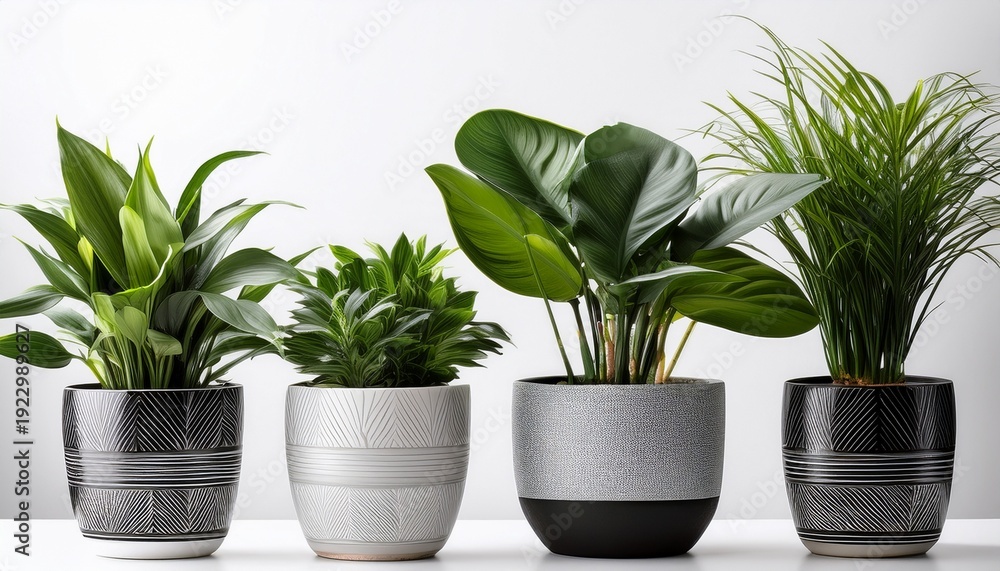 Fototapeta premium Ndoor Houseplants In Modern Grey Black And White Pots On White Background