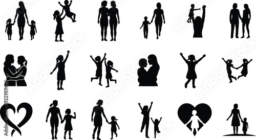 Silhouettes of diverse families and couples celebrating together in various dynamic poses Vector, illustration