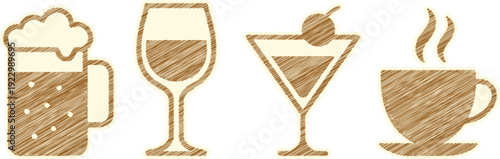 Assorted Drinks Icons - Beer, Wine, Martini, Coffee in Brown Sketch Style