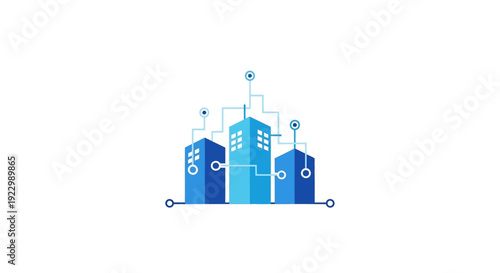 Blue Buildings with Renewable Energy Symbols.