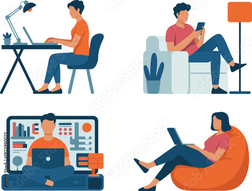 Individuals engaged in remote work and online activities