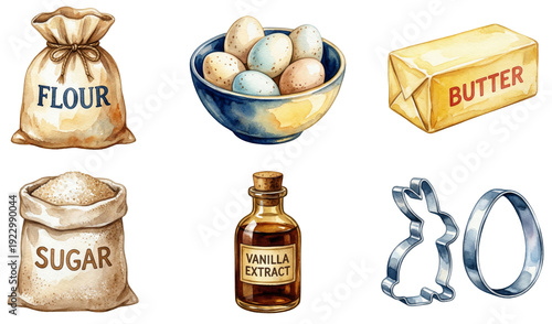 watercolor set of easter baking ingredients like flour sugar butter eggs and cookie cutters