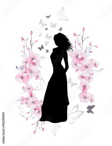 Silhouette of a slender girl in a long dress with sakura flowers. Hand drawn. Not AI, vector illustration.
