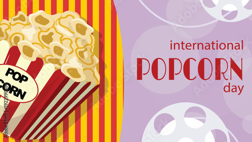 Popcorn celebration poster featuring film reel graphics, bold typography, and vibrant cinema colors. 