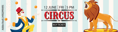 Classic circus poster design with charismatic clown character and powerful lion performance scene.
