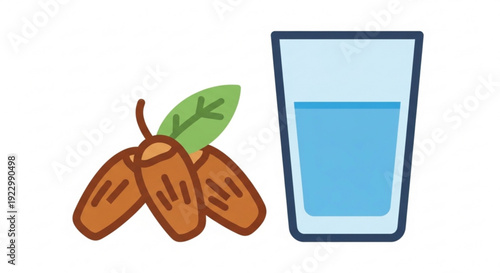 Three dates with leaf and glass of water on white background healthy snack and hydration concept