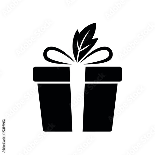 Gift box icon with a decorative ribbon and a single green leaf symbolizes natural presents or eco-friendly surprise delivery.