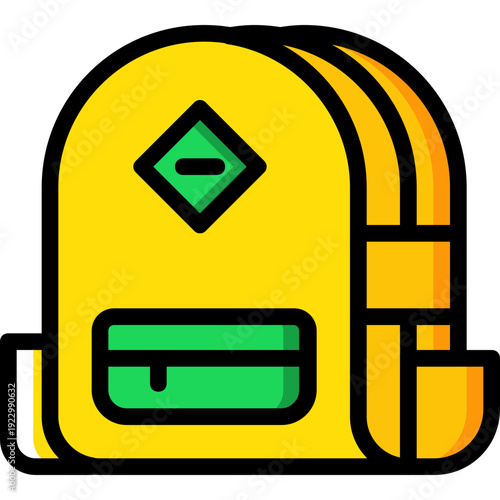 A vibrant yellow backpack with a green pocket. The design is simple and modern, perfect for school or travel