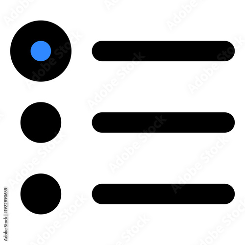A simple list of three items, with a highlighted first item. The items are marked with circles, one of which is colored blue, and horizontal lines