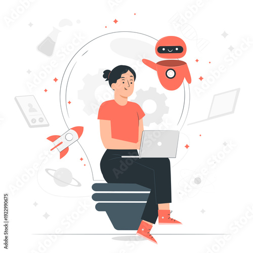 A woman works on a laptop with a robot assistant