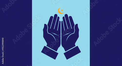 Praying hands with crescent moon symbol on blue background representing spirituality and faith