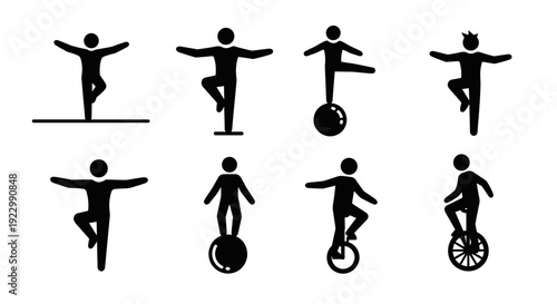 Silhouette of people performing acrobatic stunts on various balance