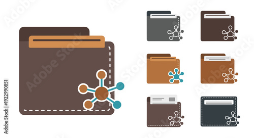 Brown leather wallet and folder icons with network connections