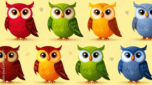Wallpaper Mural Collection of cute and vibrant cartoon owls standing on light yellow background Torontodigital.ca