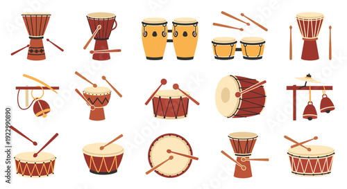 Collection of various drums and drumsticks