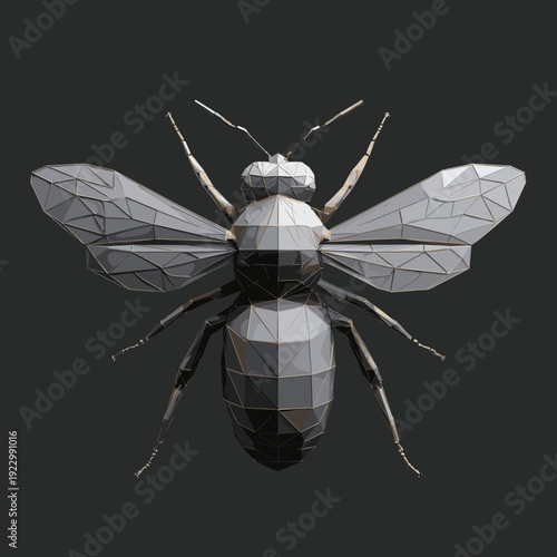 Geometric bee in low poly style with metallic wireframe structure, symmetrical 3d insect illustration isolated on dark background
