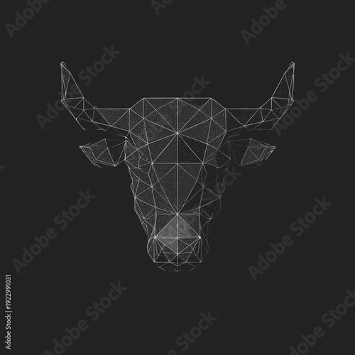 Geometric bull head in low poly line style, white polygon silhouette with horns on dark background modern digital illustration