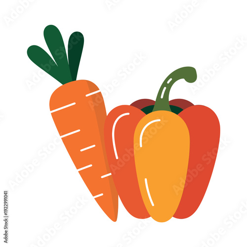 Colorful illustration features a ripe red bell pepper paired closely with a bright orange carrot root vegetable.