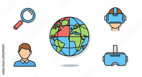 Colorful icons of globe, people, magnifying glass and printer