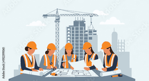 Construction team collaborating on building plans with crane and cityscape background