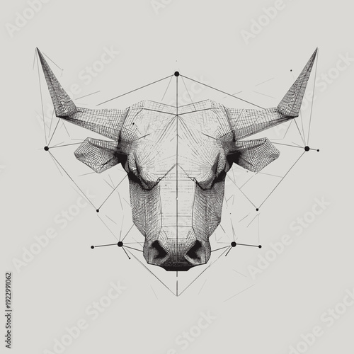 Geometric bull head in detailed wireframe mesh style, symmetrical polygon structure with connecting nodes isolated on light background