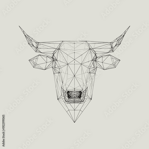 Geometric bull head in abstract wireframe style, polygon line mesh with horns isolated on light background minimalist vector illustration