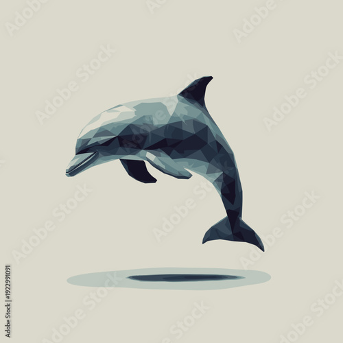 Geometric dolphin in low poly triangular style, jumping marine animal isolated on beige background minimalist illustration