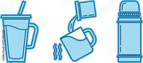 Process of preparing and storing a hot beverage in a portable thermos isolated on transparent background, Vector